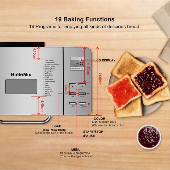 Broodbakmachine - 19 Bak Functies - 650 Watt - Capaciteit 1 Kg - Automatische Fruit & Noten Dispenser - Rvs - Biolomix®