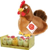 Pluche kip knuffel - 16 cm - multi kleuren - met 10x kuikens van 5 cm - kippen familie - Pasen decoratie/versiering
