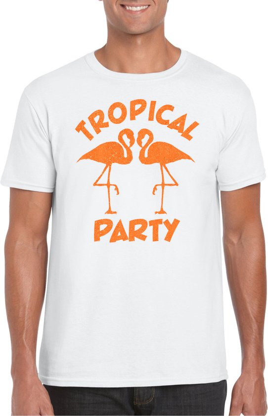Toppers - Bellatio Decorations T-shirt de party Tropical pour hommes - avec paillettes - blanc/orange - carnaval/soirée à thème XL
