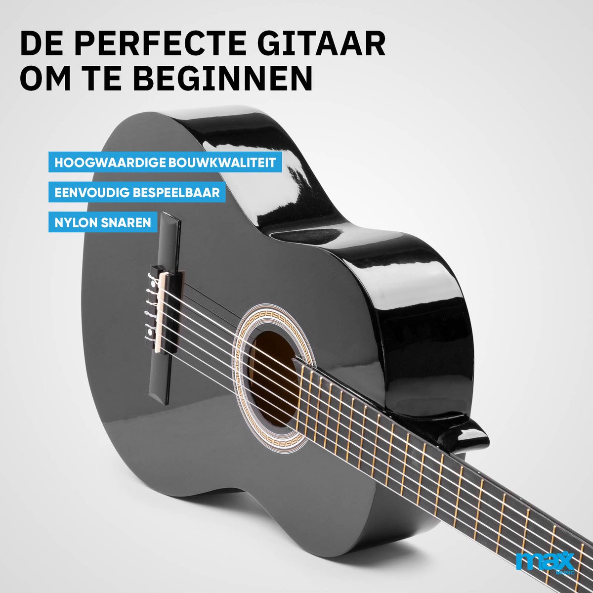 Klassieke Akoestische Gitaar 4/4 - Met Nylon Snaren - MAX SoloArt - Beginnersset met Accessoires - Zwart thumbnail 2