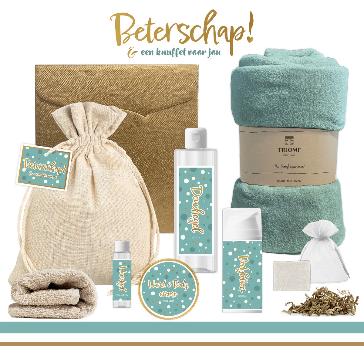 Goedkoopste Geschenkset “Beterschap! en een knuffel voor jou” - 8 producten - 1200 gram | Cadeau Vrouw - Giftset Vrouw-Meisje - Welness Set - Speciaal voor jou - Cadeaupakket - Beterschapscadeau - Opkikkertje - Denk aan jou - Liefs - Goud - Turquoise