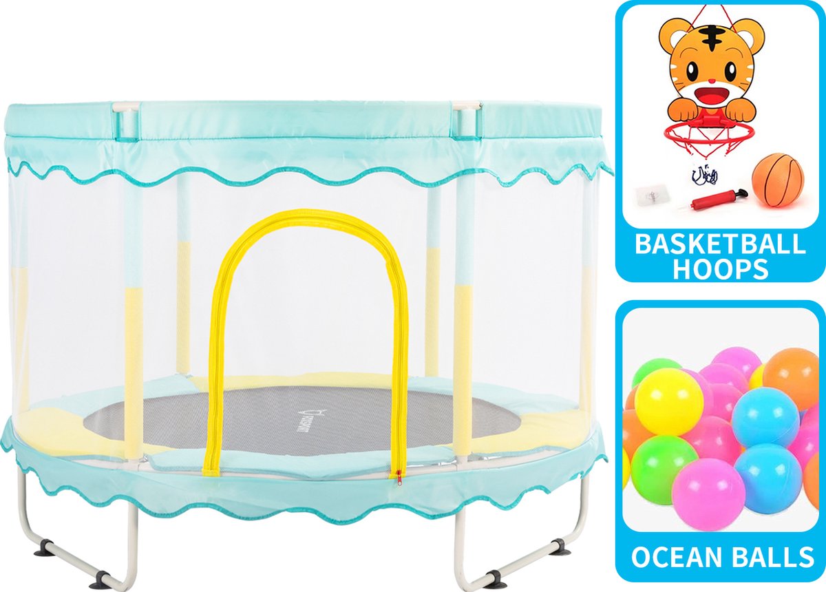 Foxsport Trampoline voor kinderen - Met gevoerde veiligheidshoes - Afsluitbaar veiligheidsnet -Speelgoed voor indoor en outdoor - Ronde - Tot 100kg - 150cm - Blauw