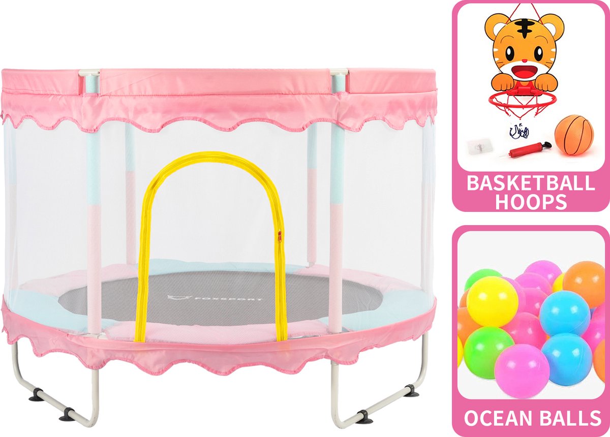 Foxsport Trampoline voor kinderen - Met gevoerde veiligheidshoes - Afsluitbaar veiligheidsnet -Speelgoed voor indoor en outdoor - Ronde - Tot 100kg - 150cm - Roze