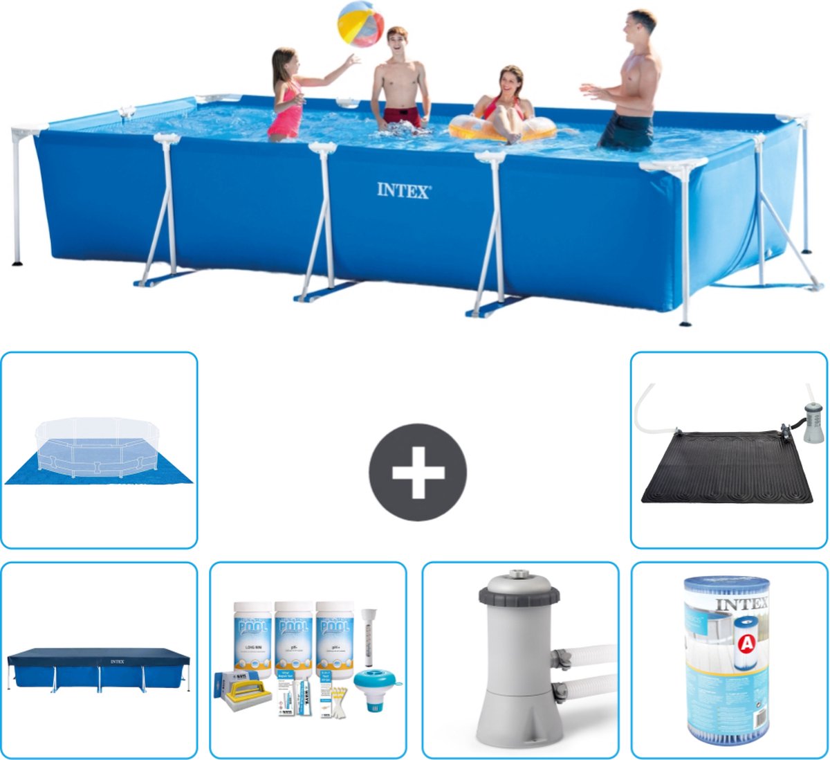 Intex Frame Pool Intex Rechthoekig Frame Zwembad 450 x 220 x 84 cm Blauw Inclusief Afdekzeil Onderhoudspakket Zwembadfilterpomp Filter Grondzeil Solar Mat