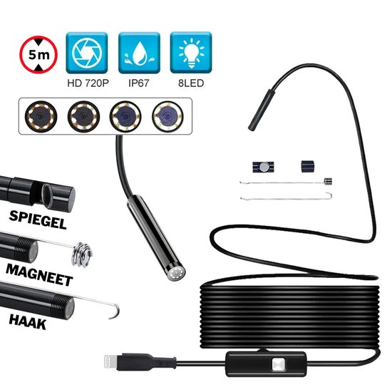 Endoscoop - geschikt voor iPhone - Inspectiecamera Lightning - Inspectiegereedschap - 8mm kop - flexibele HD - 5M kabel - waterproof - 8 LED Verlichting