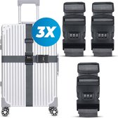 Sangle de valise avec serrure à combinaison et étiquette de valise - 3 pièces - Ajustable - Sangle de bagage - 200 centimètres - Sécurité Extra - Voyages - Grijs
