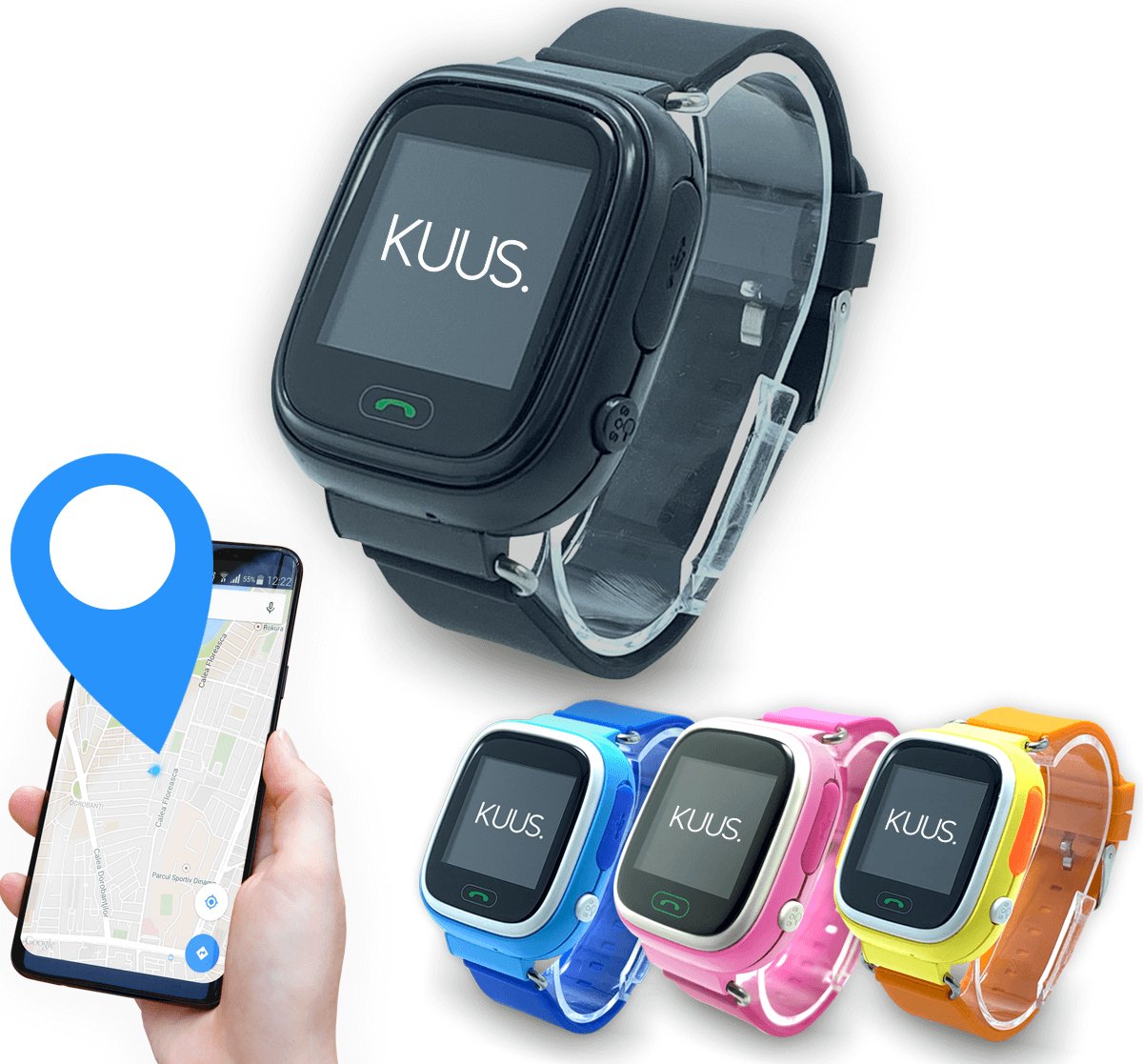 KUUS. W1 - Mini GPS horloge kind, smartwatch voor kinderen met GPS tracker - Walkie Talkie functie - Zwart – Combideal met Glazen Screenprotector en Simkaart - KUUS.