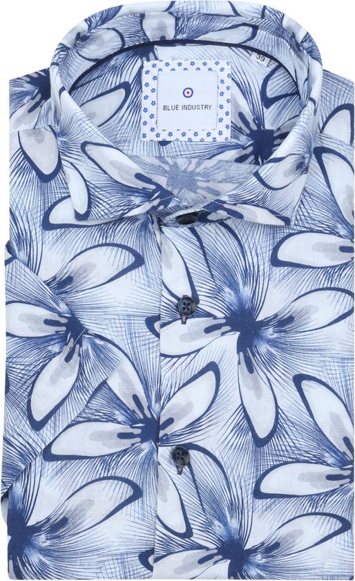 Blue Industry - Short Sleeve Overhemd Linnen Print Blauw - Heren - Slim-fit