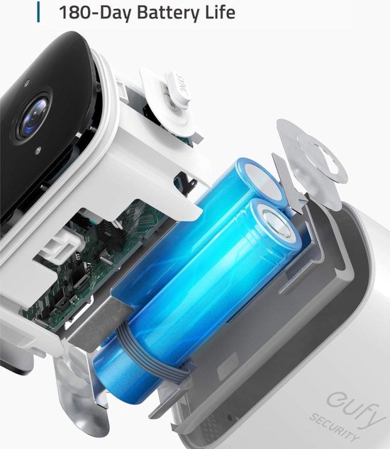Interne batterijen van Eufy beveiligingscamera, met zicht op printplaat.