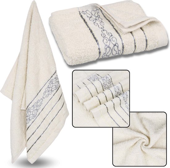 Roomkleurige Katoenen Handdoek met Decoratief Borduurwerk, Grijs Borduurwerk, Badhanddoek 70x135 cm