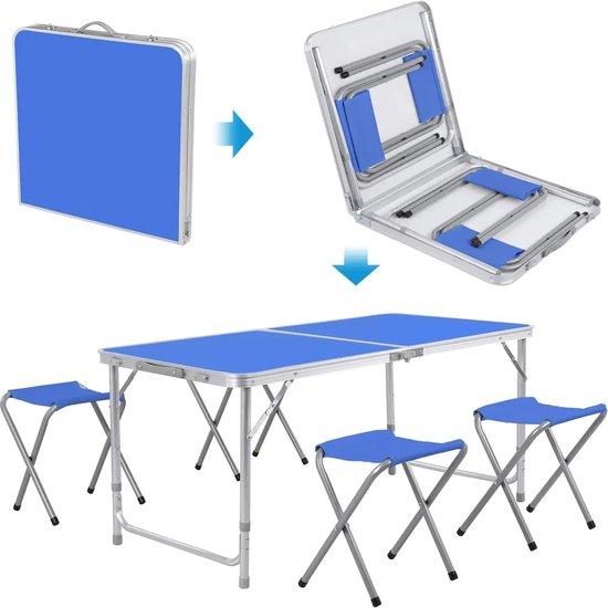 SureDeal® - Campingtafel - Met 4 Stoeltjes - Inklapbare Tafel - Blauw - 120x60x70 cm - Vouwtafel - Picknicktafel - Hoogte verstelbaar - Kampeertafel - Camping