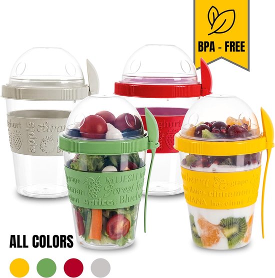TNSLAND Yoghurtbeker, mueslibeker to go, kinderen, lunchpot, muesli to go, beker met klaplepel, smoothiebowl, pap, beker yoghurtdeksel voor elk ontbijt, lunch, snackboxen, 600 ml, Nordic Red