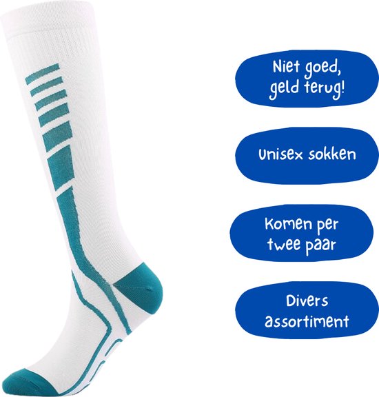 CAROX - 2 Paar Witte Sportsokken - Meerdere Maten - Compressiekousen - Compressie Sokken - Hardloopsokken - Steunkousen - Wandelsokken - Sokken voor Dames en Heren - Unisex – Wit Turquoise - Maat 36-40