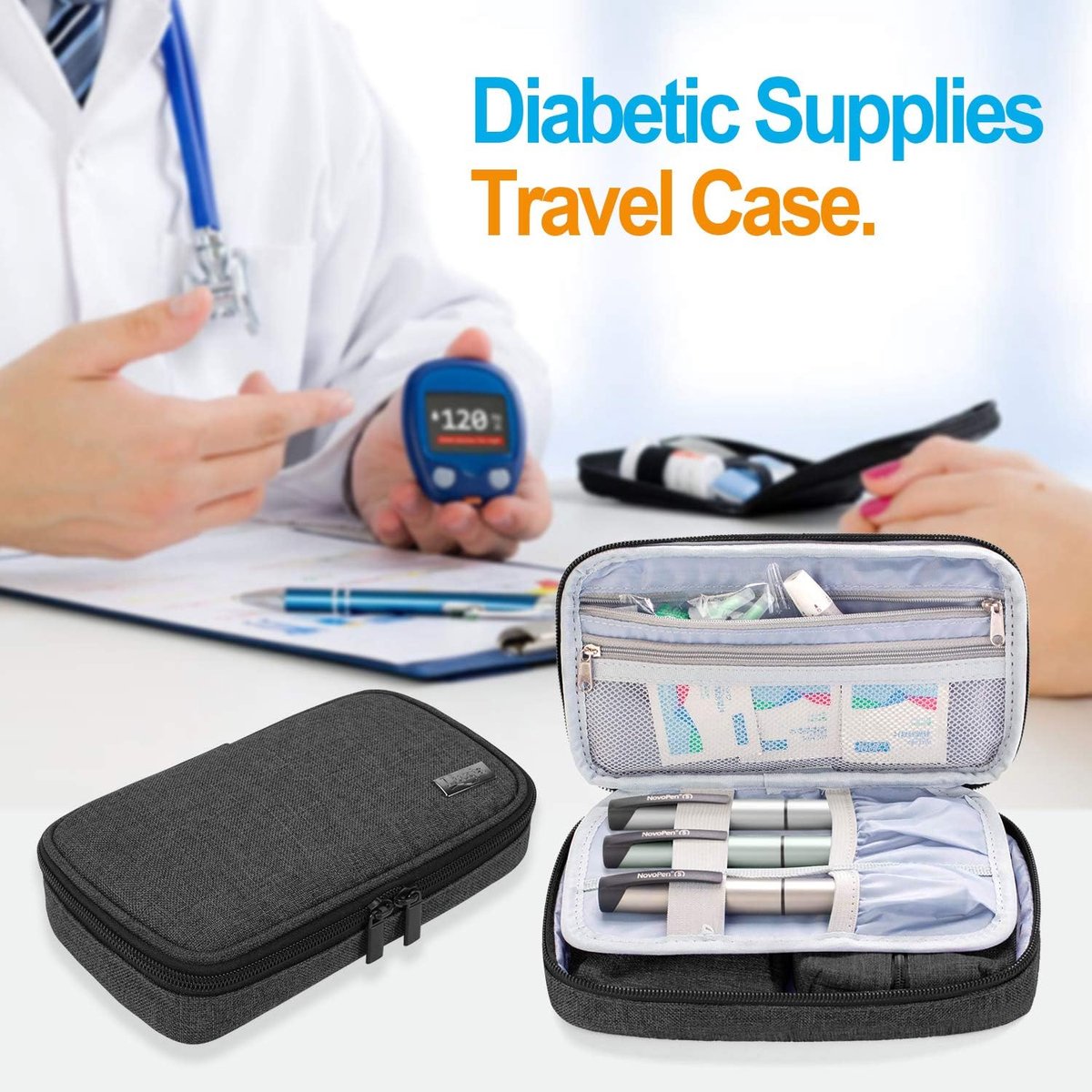Diabetici-tas voor onderweg, tas voor bloedglucosemeters en diabetici-accessoires (alleen tas), zwart