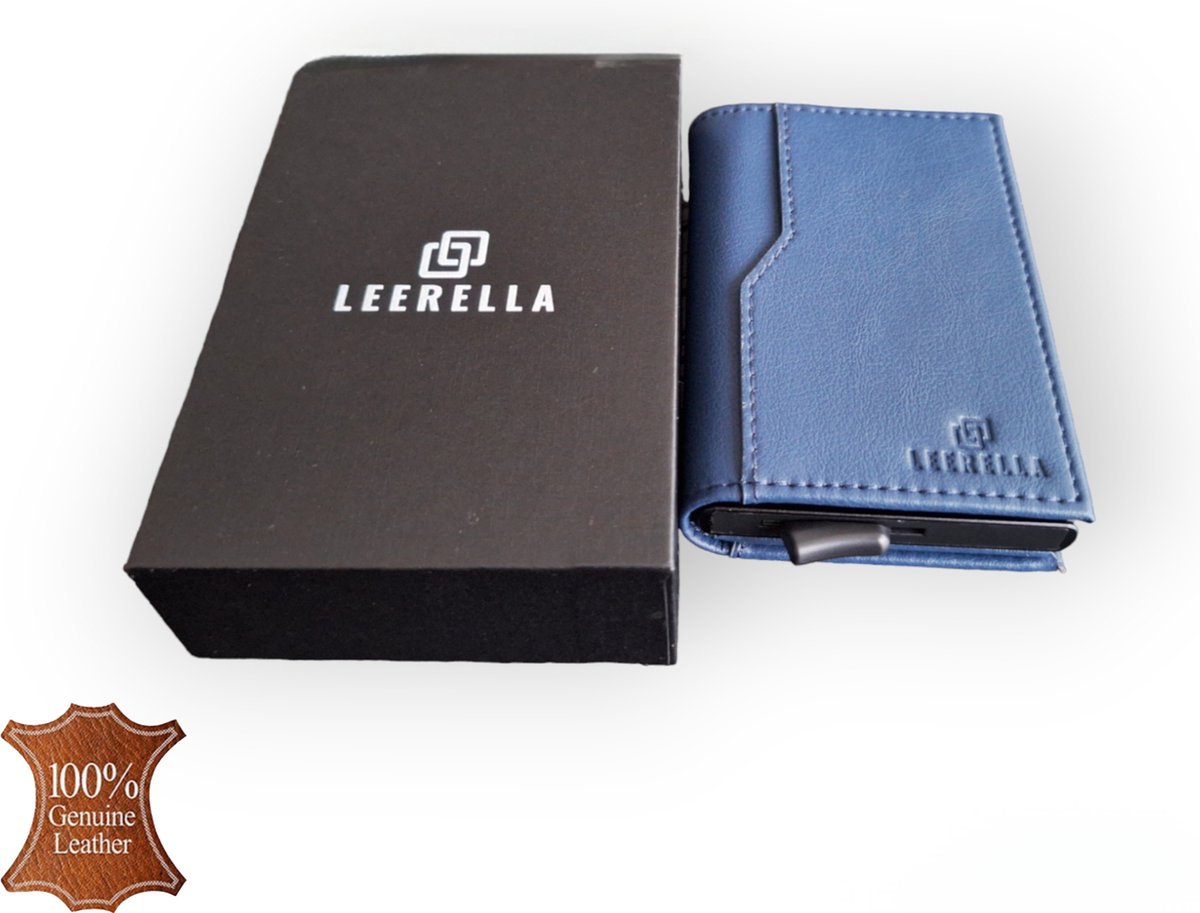 Leerella Pasjeshouder Uitschuifbaar Blauw- Kaarthouder - Creditcardhouder – Echt Leer – 10 tot 11 Pasjes - RFID Creditcardhouder - Inclusief met luxe Cadeaubox - Valentijnsdag - Verjaardag - Cadeautjes