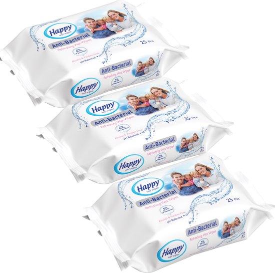 Happy Wet Wipes 3 x 25 stuks Antibacteriële vochtige desinfectiedoekjes in een voordeelverpakking alcoholvrij en pH gebalanceerd op 5.5, desinfecterende doekjes, reisdoekjes