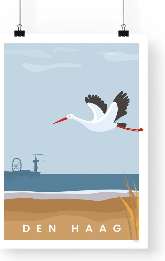 Poster den Haag Ooievaar - A3 formaat - Scheveningen strand - de Pier den Haag illustratie - Haagse Ooievaar
