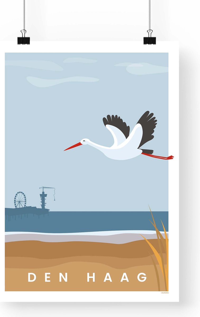 Artprint den Haag Ooievaar - A3 formaat - Scheveningen strand - de Pier den Haag illustratie - Haagse Ooievaar