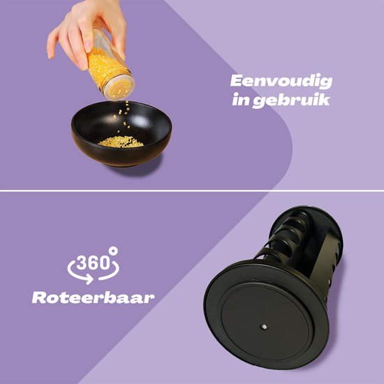 Een hand schenkt gele kruiden in een kom. Kruidenrek is 360 graden roteerbaar.