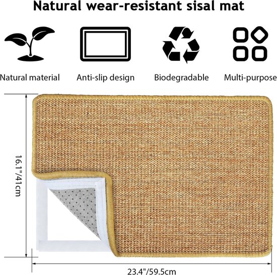 Krabmat voor katten, sisal tapijt, antislip, krabtapijt voor katten, duurzaam, sisalmat voor katten met klittenbandsluiting, kattenkrabmat voor bank, meubels, deur, krasbescherming, 60 x 40 cm