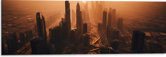 Dibond - Stad - Bovenaanzicht - Gebouwen - Zonsondergang - 90x30 cm Foto op Aluminium (Wanddecoratie van metaal)