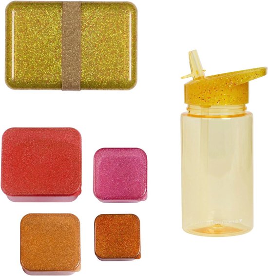 Foto: A little lovely company back to school set drinkfles 4 snackdozen lunchbox glitter goud