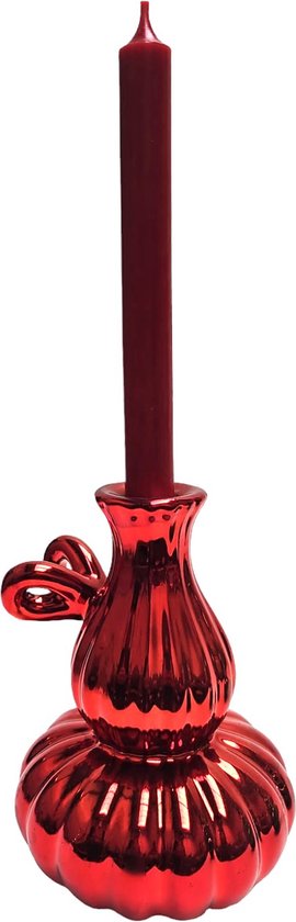 Supervintage gekleurde vaas kandelaar metallic look rood met bijpassende kaars 12 x 18 cm