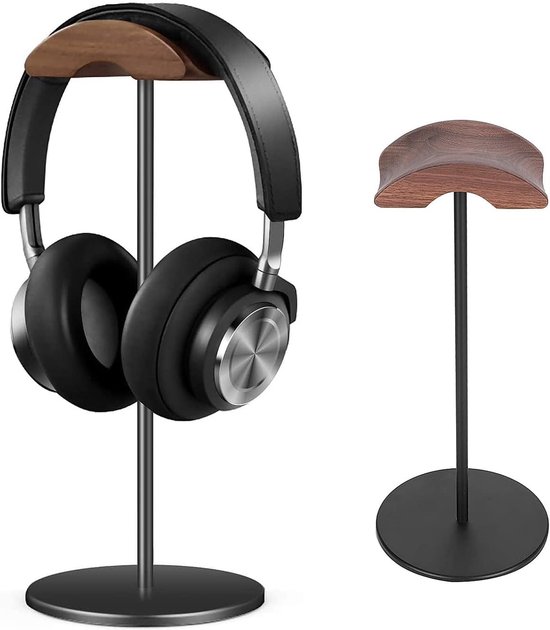 Hoofdtelefoonstandaard, houten headset, houder, PC gaming hoofdtelefoonhaak, ophangtafel met notenhoofdsteun, aluminium steunstang en antislip siliciumbasis, voor de meeste hoofdtelefoons