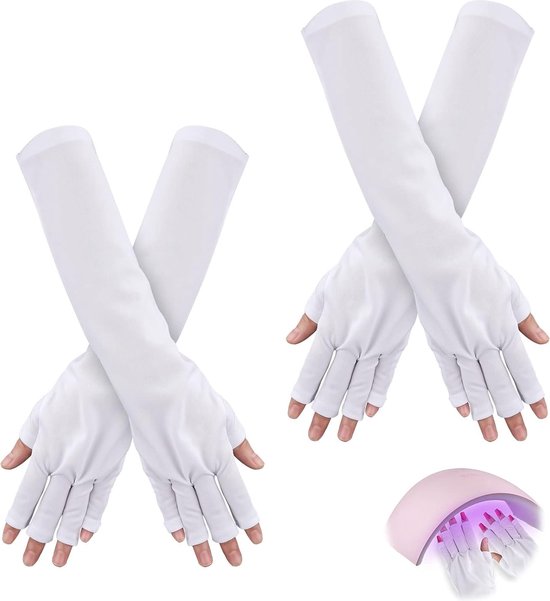 2 Paar Anti UV Handschoenen voor Gelnagellamp, Vingerloos Anti UV Handschoenen Lange UV Schildhandschoenen voor Manicure UV Lichthandschoenen voor Nagelsalon Thuisgebruik Buitensporten (Wit)