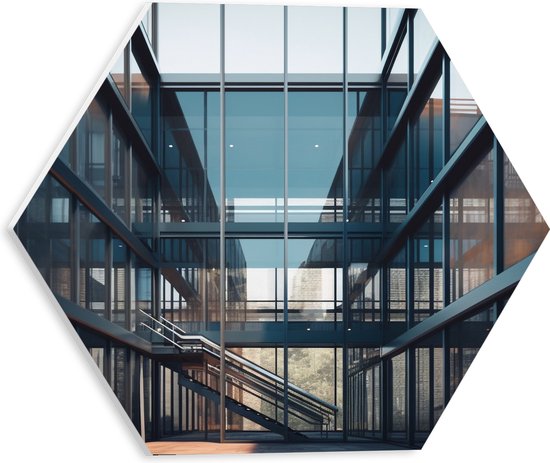 PVC Schuimplaat Hexagon - Ramen - Gebouw - Glas - 30x26.1 cm Foto op Hexagon (Met Ophangsysteem)