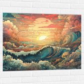 Muursticker - Schilderij - Oceaan - Zee - Golven - Zonsondergang - Wolken - Kleuren - 100x75 cm Foto op Muursticker