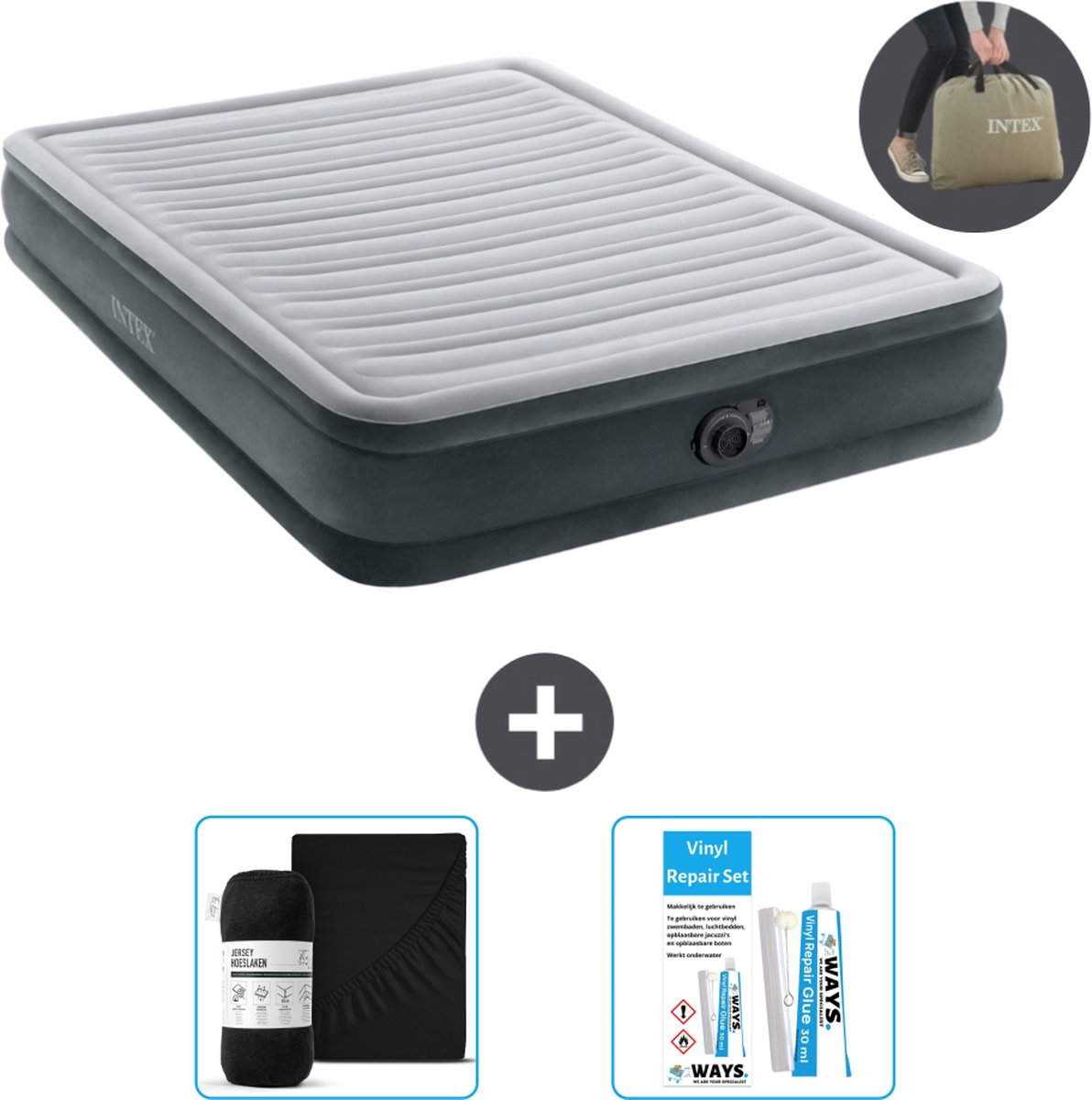 Bol.com Intex Luchtbed - 2-Persoons - 152 x 203 x 33 cm - Grijs - Inclusief pomp - Hoeslaken en Reparatieset aanbieding