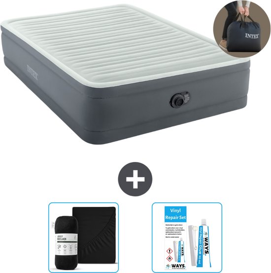 Grijs 2-persoons Intex luchtbed met pomp, plus een zwart hoeslaken en een reparatieset.