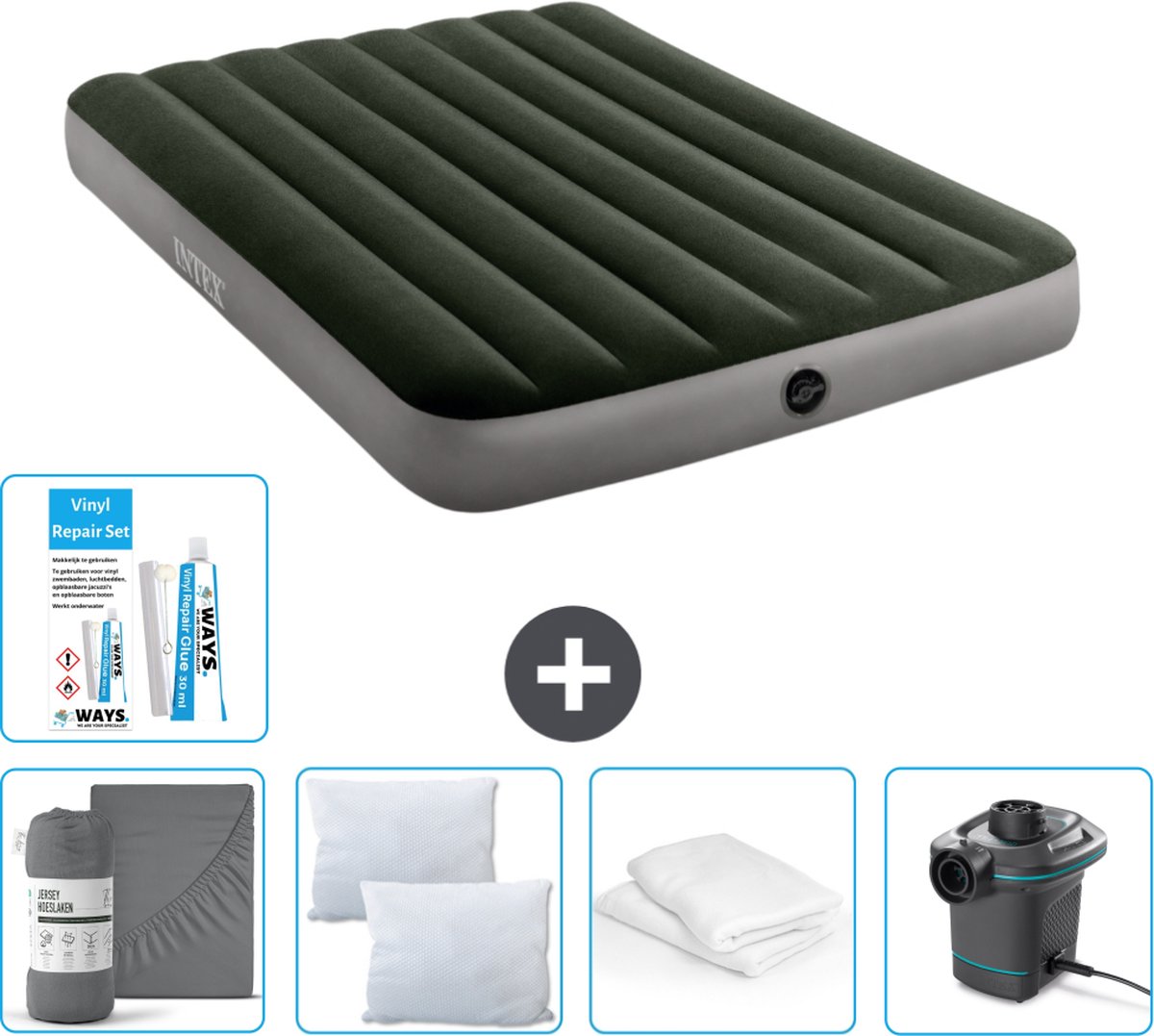 Intex Luchtbed - Twijfelaar - 137 x 191 x 25 cm - Groen - Inclusief Hoeslaken - Kussen - Pomp - Reparatieset en Kussenbeschermer