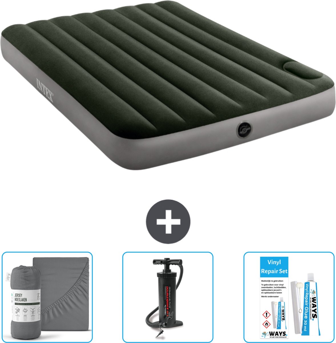 Intex Luchtbed - Twijfelaar - 137 x 191 x 25 cm - Groen - Hoeslaken - Pomp en Reparatieset