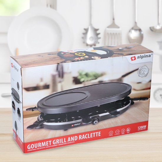 Gourmet grill en raclette van Alpina, met grillplaat en bakplaat. 1200W.