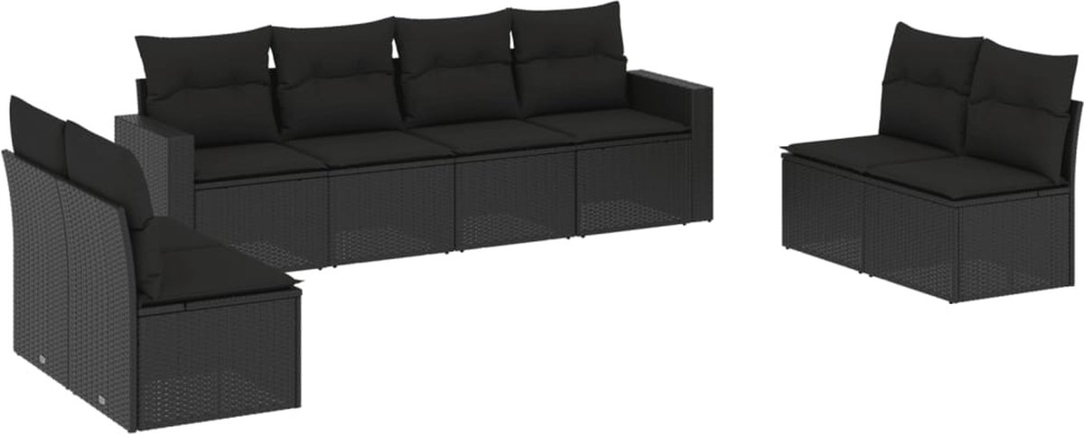 vidaXL 8-delige - Loungeset - met - kussens - poly - rattan - zwart