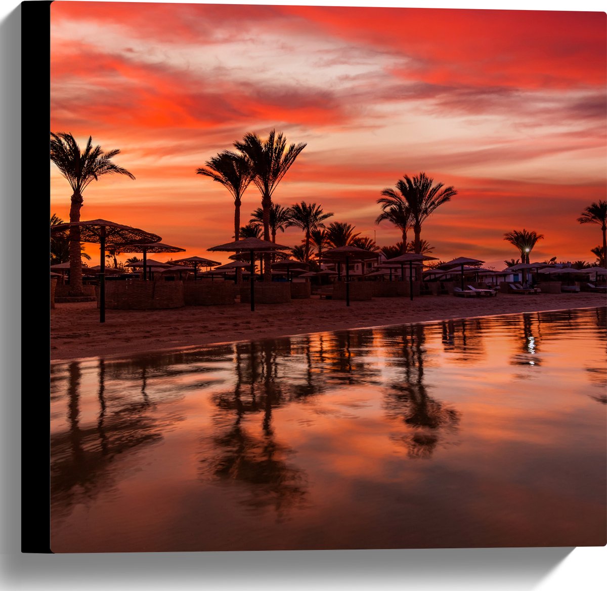 Canvas - Strand - Zee - Zonsondergang - Parasols - Palmbomen - 40x40 cm Foto op Canvas Sch
