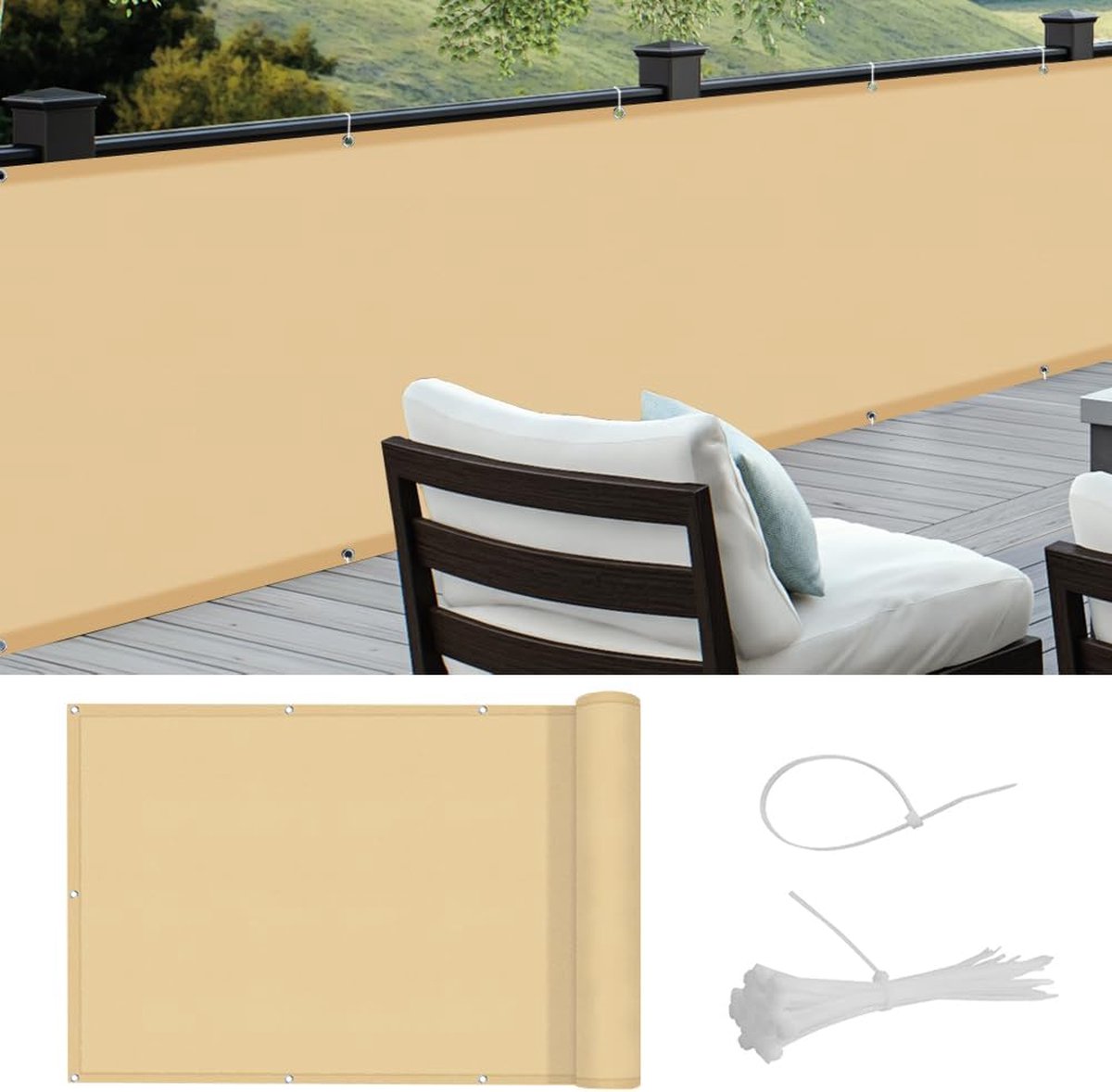 Balkonscherm inkijkbescherming balkonomspanningen PES waterdicht weerbestendig met kabelbinders 90x300cm zand