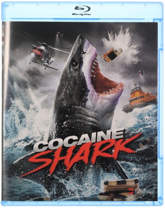 Blu-ray hoes van Cocaine Shark met een grote witte haai die een boot aanvalt, helikopters en een reddingsboot.