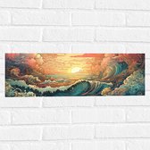 Muursticker - Schilderij - Oceaan - Zee - Golven - Zonsondergang - Wolken - Kleuren - 60x20 cm Foto op Muursticker