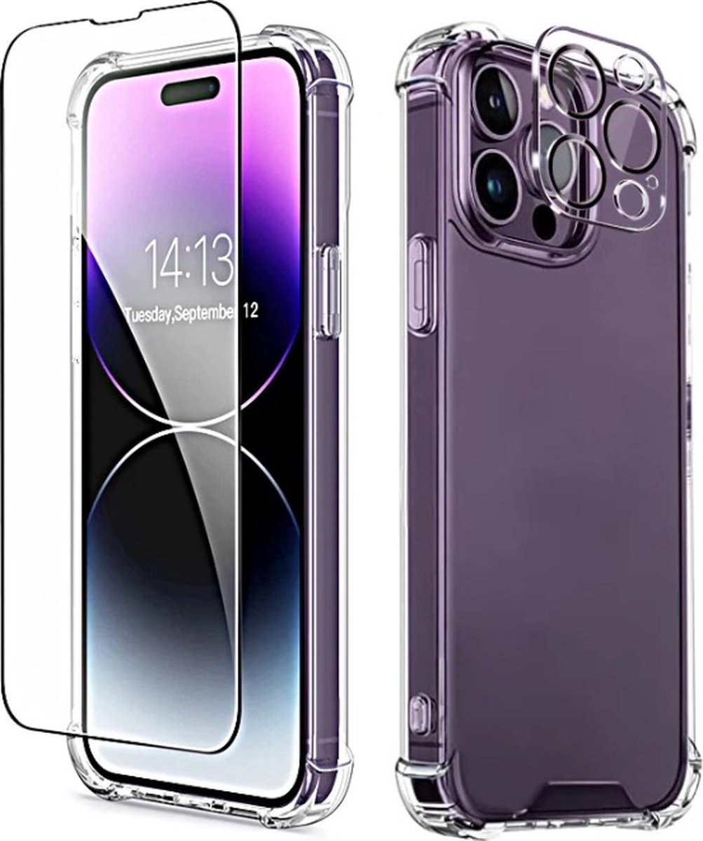 Waeyz - 3in1 Set Hoesje geschikt voor iPhone 14ProMax Super Shockproof Back Cover Transparant - Inclusief HD 9H Screenprotector Tempered Glass en Camera protector Bescherm Glas