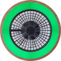 Ventilator met houten rand en groene verlichting.