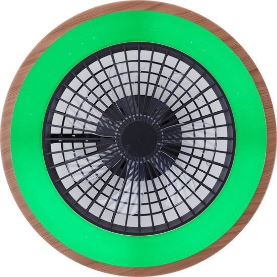 Ventilator met houten rand en groene verlichting.