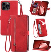 Hoesje geschikt voor iPhone SE 2020 - Bookcase - Koord - Pasjeshouder - Portemonnee - Bloemenpatroon - Kunstleer - Rood