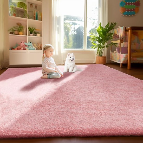Hoogpolig tapijt tapijt woonkamer wasbaar anti-slip (roze, 160x230cm)