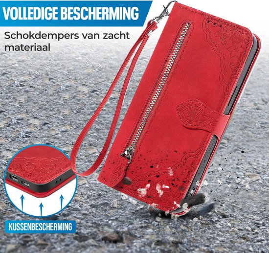 Étui adapté pour Samsung Galaxy A25 - Bookcase - Cordon - Porte carte - Portefeuille - Motif fleurs - Simili cuir - Rouge