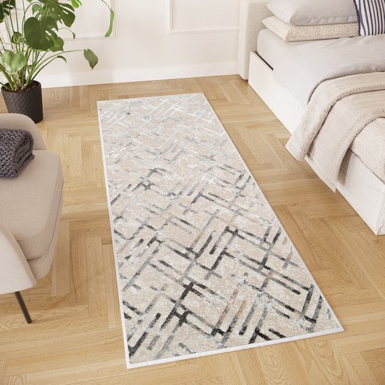 Foto: Tapiso crystal loper tapijtloper beige lichtgrijs laagpolig vloerkleed maat 70x800