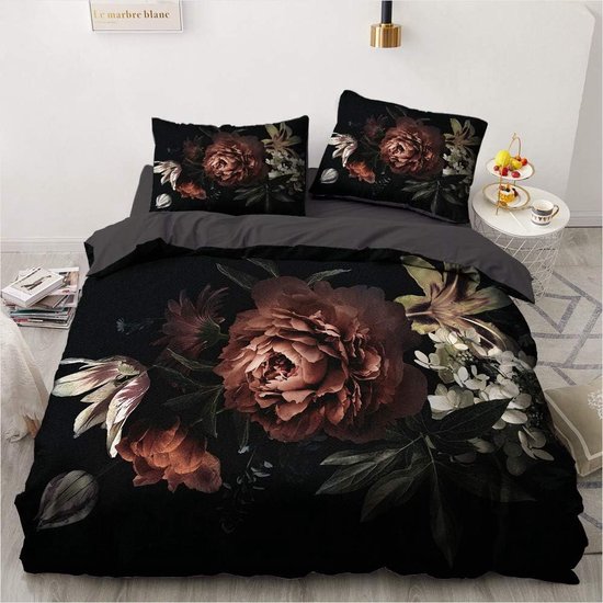Bloemen beddengoed, 135 x 200 cm, 4-delige set zwarte bloemen, vintage dekbedovertrekset met ritssluiting, zachte microvezel dekbedovertrek en 2 kussenslopen 80 x 80 cm