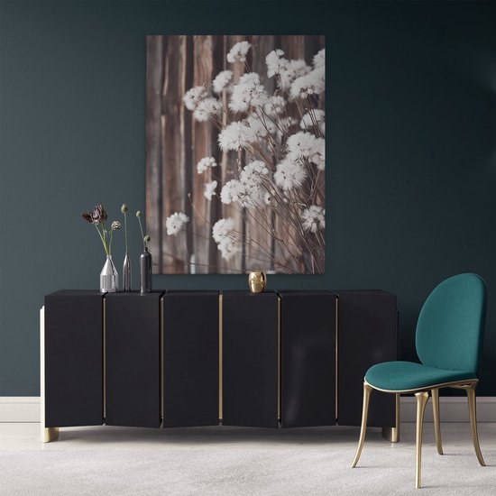 Tableau Artaza Fleurs Witte devant une clôture en bois - 90x120 - Décoration murale - Photo sur toile - Impression sur toile